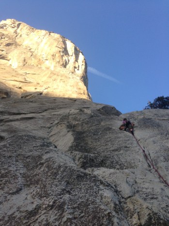 On Pine Line (5.7) my first trad lead, with El Cap looming in the background..