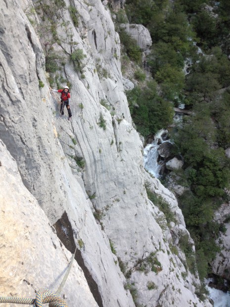 About to follow me on the traverse pitch of "Senza Pieta" (6b+, 5.11a)