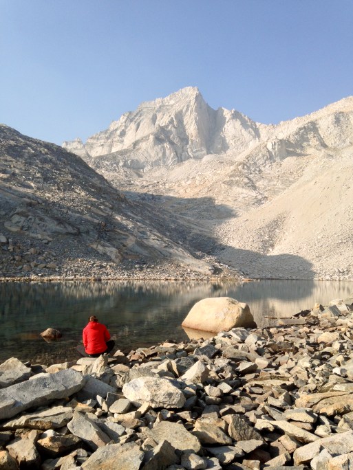 Taking a break at Dade Lake along the approach to the North Arete of Bear Creek Spire. At nearly 10,000 ft, the trailhead for this bad boy is the highest in elevation in all of the Sierra! By the time we were here, we were around 12,000 ft. The north arete is the obvious corner of Bear Creek Spire in the background.